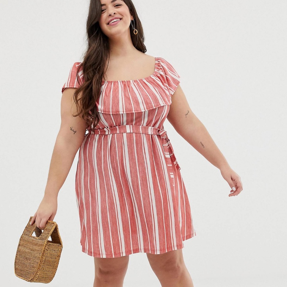 NWOT stripe off the shoulder sundress with belt coral white striped asos curve